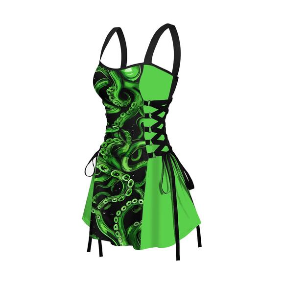 Green and Black Octopus Printed Lace-up Mini Dress Size L - Picture 2 of 6